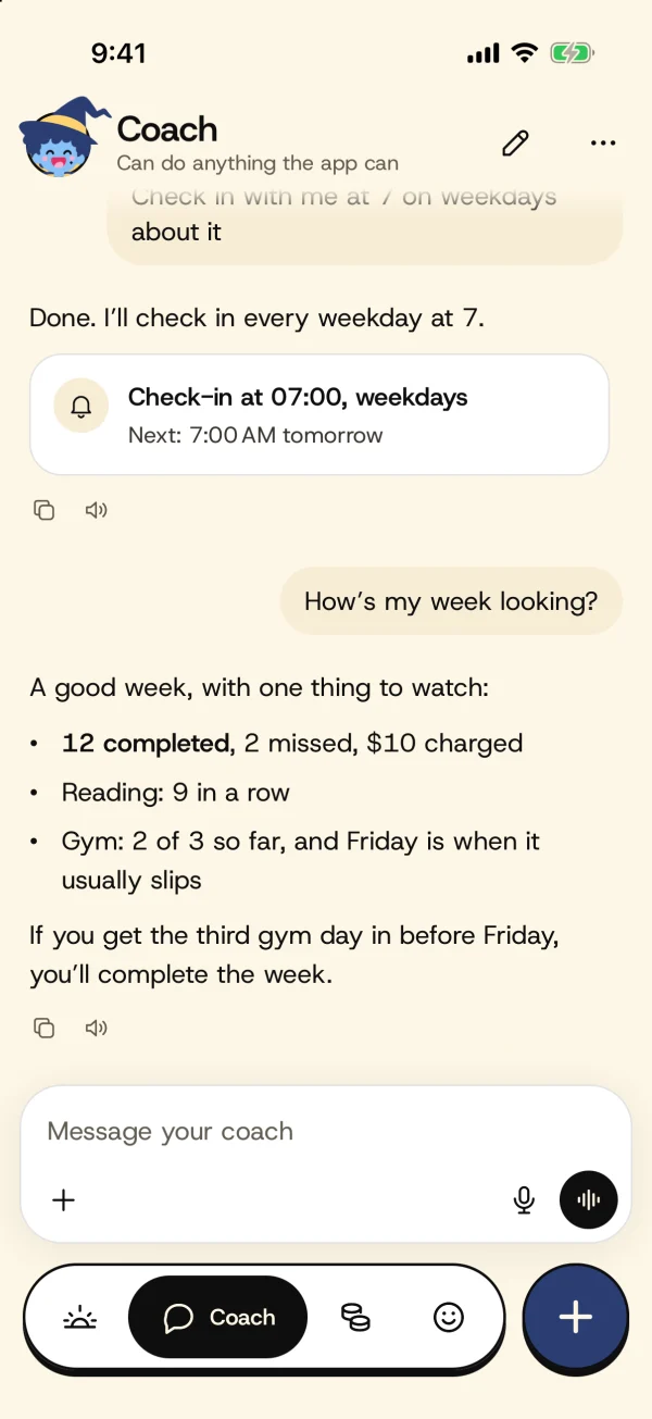 The coach in the app: a conversation that sets a check-in for 7 on weekdays and sums up the week so far