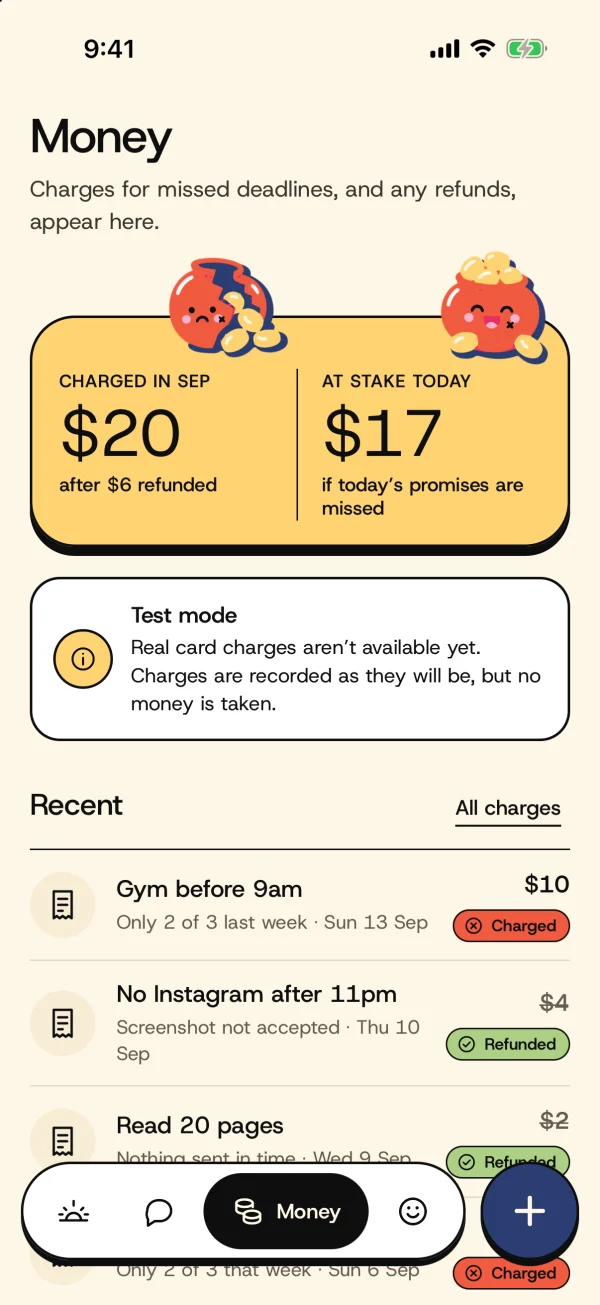 Money in the app: $20 charged in September after $6 refunded, and a list of charges and refunds, each with its reason